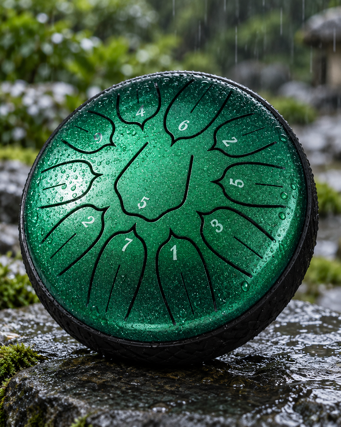 Rain Ora Drum steel tongue rain drum on wet stone in the rain