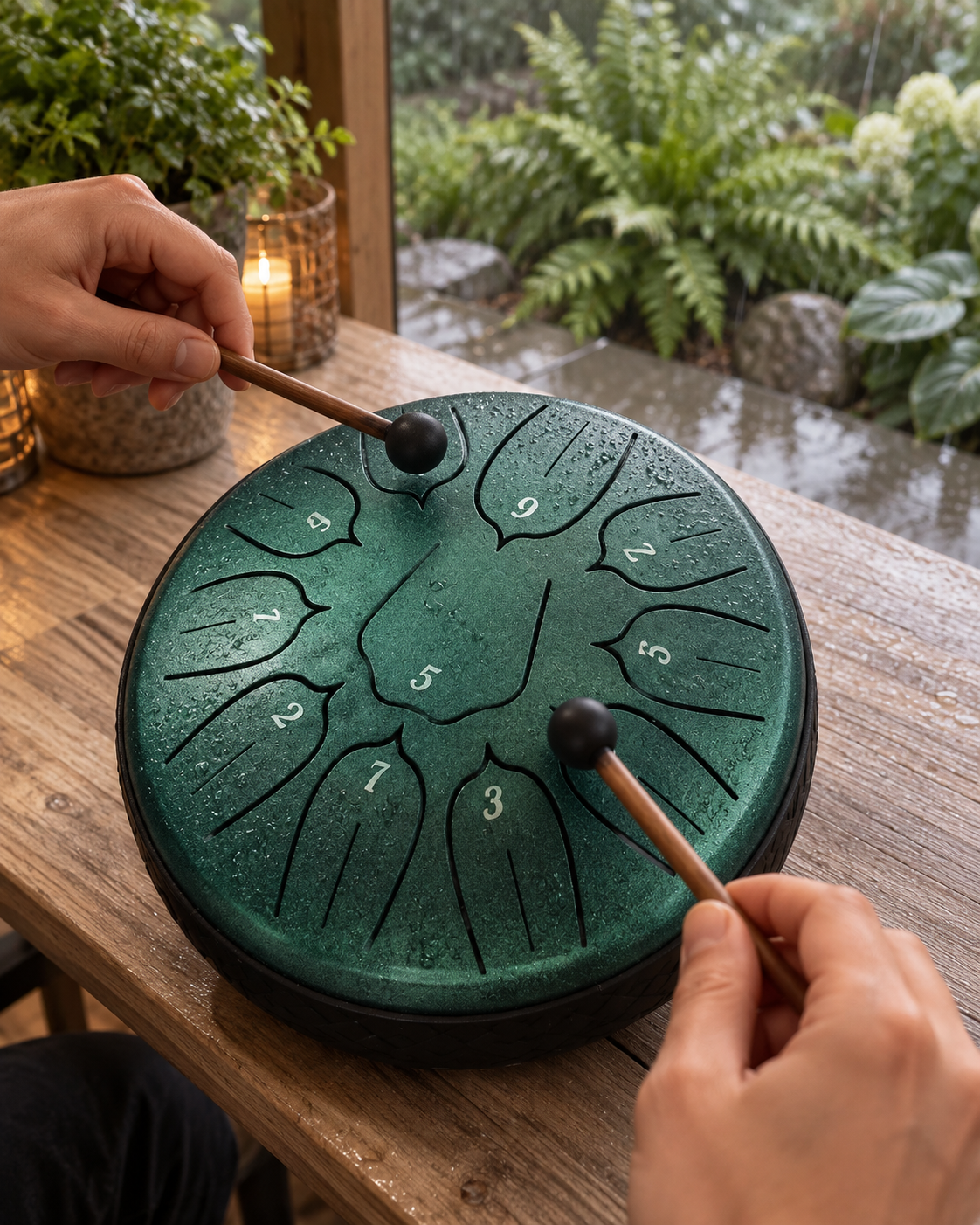 Rain Ora Drum played with mallets on a covered patio while it rains