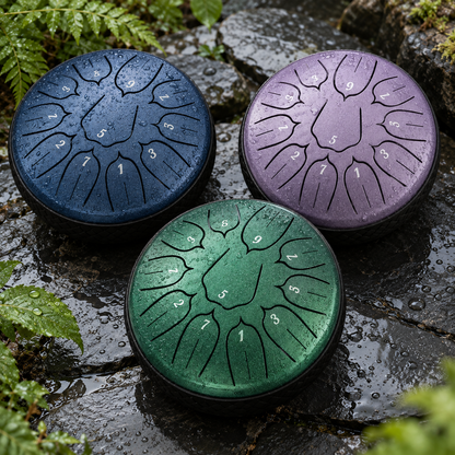 Rain Ora Drums in three colours on wet slate after the rain